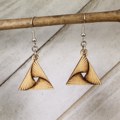 Hand-painted wooden geometric triangle twist dangle earrings featuring a modern layered triangle design with angular lines and hypoallergenic sterling silver hooks, lightweight jewelry for minimalist style lovers and contemporary fashion enthusiasts by Cate’s Concepts
