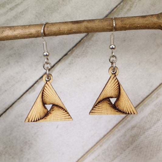 Hand-painted wooden geometric triangle twist dangle earrings featuring a modern layered triangle design with angular lines and hypoallergenic sterling silver hooks, lightweight jewelry for minimalist style lovers and contemporary fashion enthusiasts by Cate’s Concepts