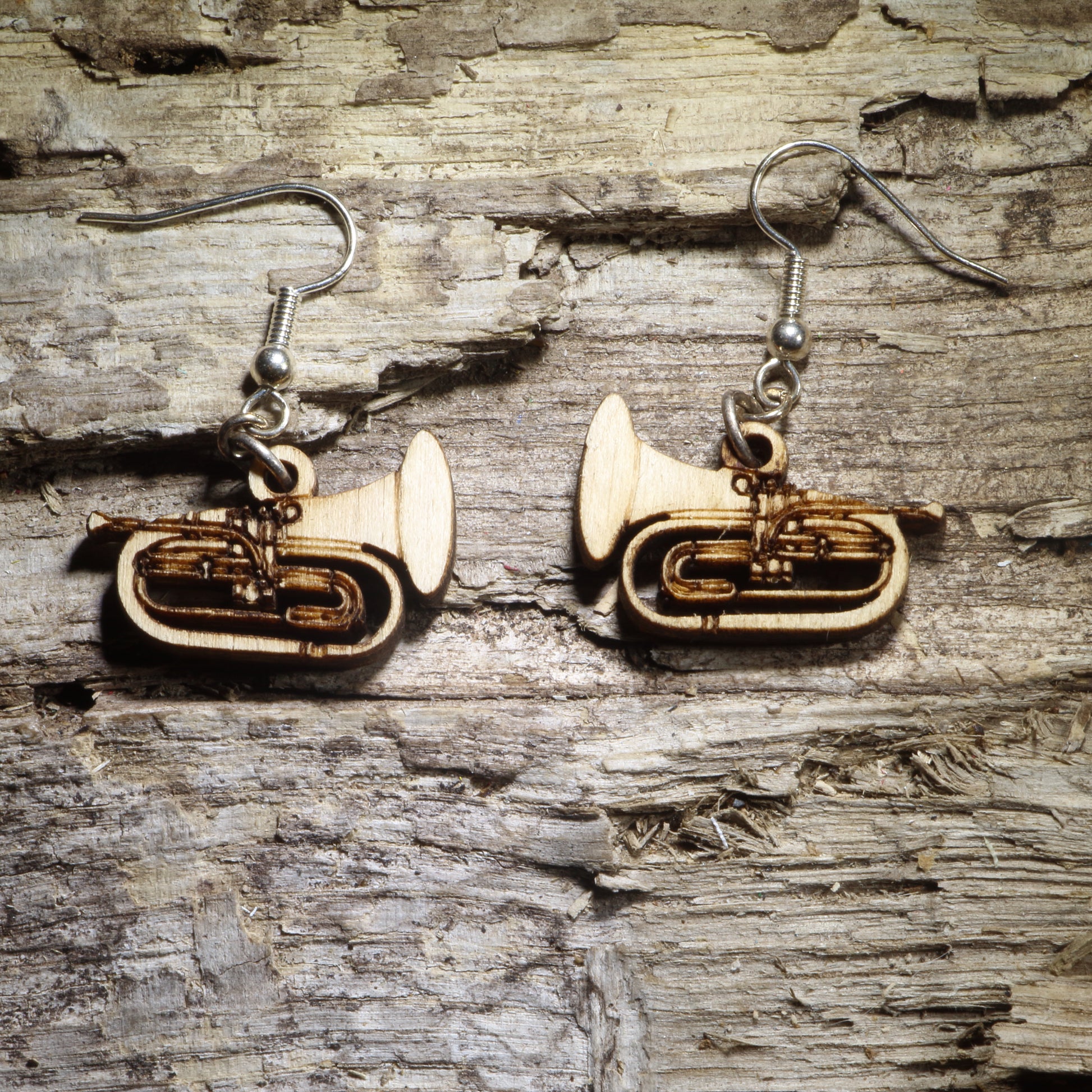 Hand-painted Baritone wooden dangle earrings featuring the distinctive brass instrument in a lightweight, detailed design. Perfect for baritone players, low brass musicians, band directors, music teachers, and marching band lovers.