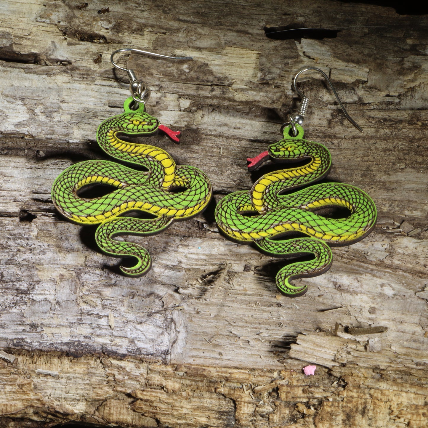 Hand-painted green snake wooden dangle earrings on hypoallergenic .925 sterling silver hooks. Lightweight reptile nature jewelry for snake lovers, herpetologists, reptile keepers, wildlife enthusiasts, and woodland nature fans.