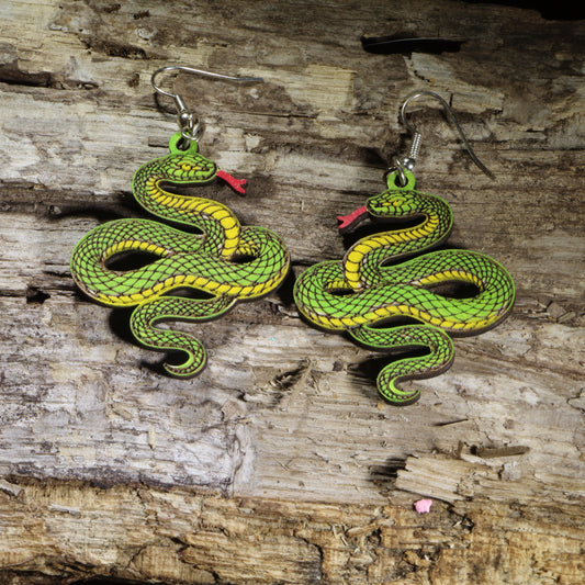 Hand-painted green snake wooden dangle earrings on hypoallergenic .925 sterling silver hooks. Lightweight reptile nature jewelry for snake lovers, herpetologists, reptile keepers, wildlife enthusiasts, and woodland nature fans.