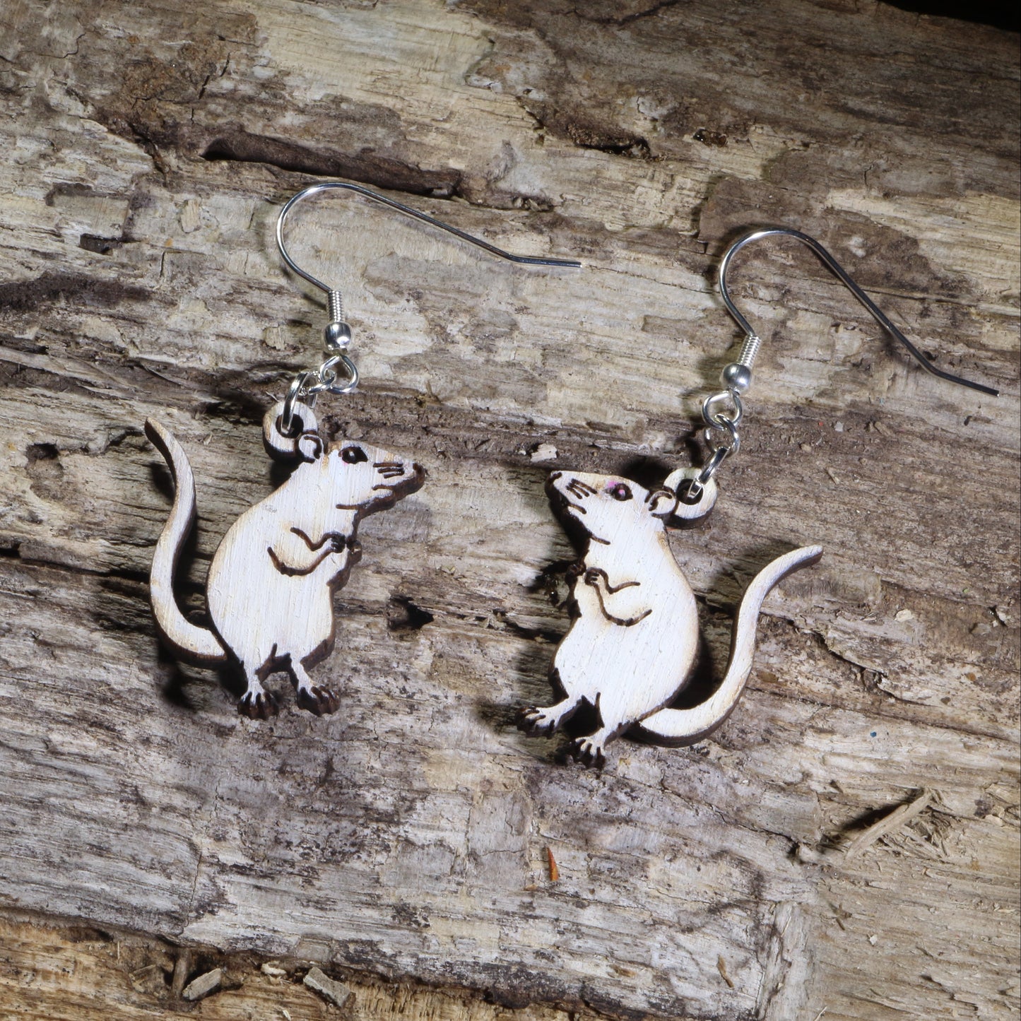 Hand-painted white rat wooden dangle earrings on hypoallergenic .925 sterling silver hooks. Lightweight pet rat jewelry for rat owners, fancy rat enthusiasts, small animal lovers, and rodent fans.