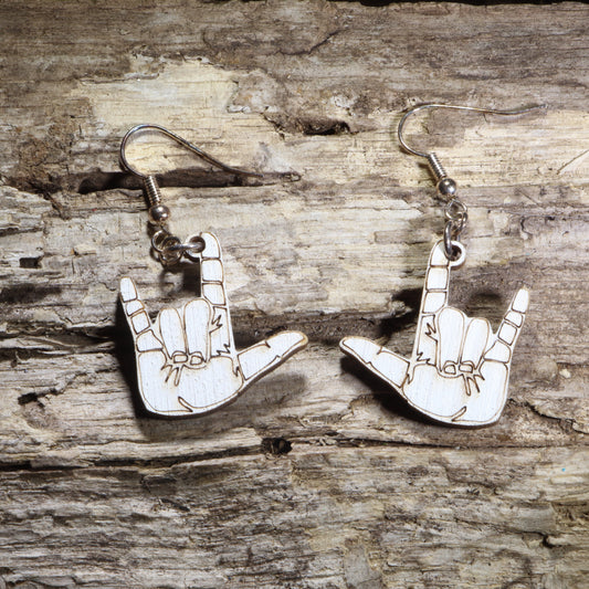 Hand-painted wooden American Sign Language "I Love You" hand sign dangle earrings on hypoallergenic .925 sterling silver hooks. Lightweight ASL-inspired jewelry for Deaf community members, sign language interpreters, teachers, students, and advocates.