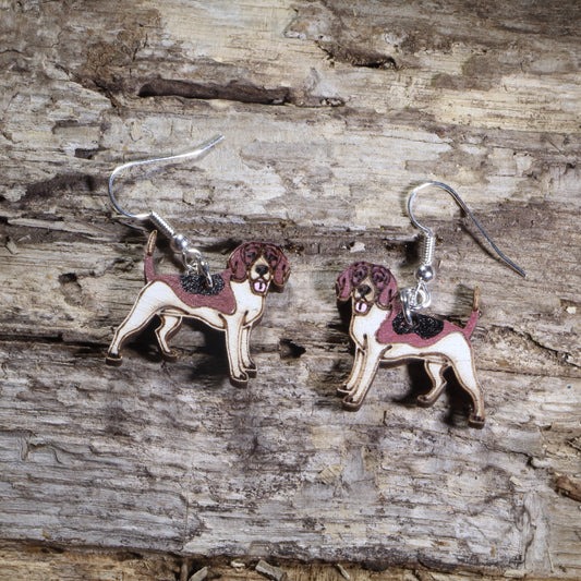 Hand-painted wooden Beagle dog dangle earrings featuring a tri-color Beagle with brown, black, and white markings on hypoallergenic .925 sterling silver hooks. Lightweight dog lover jewelry perfect for Beagle owners, hound enthusiasts, pet lovers, and unique handmade gifts.