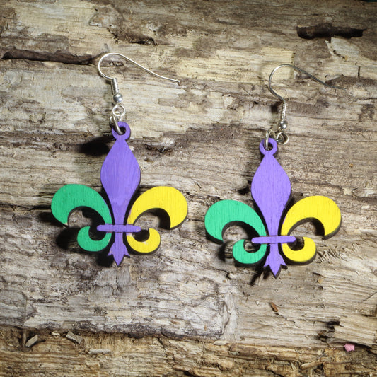 Hand-painted wooden Large  Mardi Gras fleur-de-lis dangle earrings featuring the iconic fleur-de-lis in traditional purple, green, and gold on hypoallergenic .925 sterling silver hooks. Lightweight New Orleans jewelry for Mardi Gras celebrations, Louisiana culture, Carnival festivities, festival outfits, and fleur-de-lis enthusiasts.