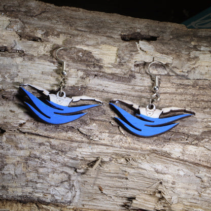 Hand-painted wooden butterfly stroke swimmer dangle earrings featuring a swimmer performing the butterfly stroke over blue water on hypoallergenic .925 sterling silver hooks. Lightweight swimming jewelry for competitive swimmers, swim coaches, swim team members, aquatic athletes, and swimming enthusiasts.
