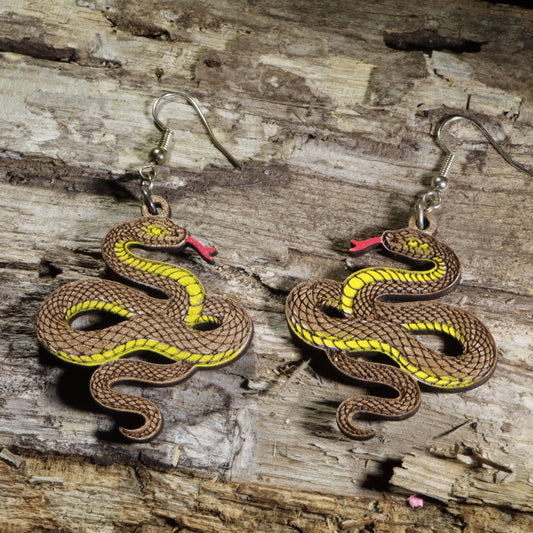 Hand-painted wooden copper snake dangle earrings featuring a coiled copper serpent design on hypoallergenic .925 sterling silver hooks. Lightweight reptile nature jewelry for snake lovers, herpetologists, wildlife enthusiasts, and anyone who appreciates unique animal-inspired accessories.