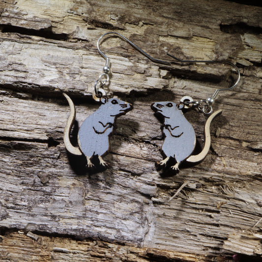 Hand-painted wooden gray rat dangle earrings featuring an adorable standing rat design with a long tail and detailed engraving. Lightweight animal earrings with hypoallergenic .925 sterling silver hooks, perfect for rat lovers, pet rat owners, rodent enthusiasts, wildlife fans, and anyone who loves unique handmade jewelry.