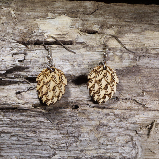 Hand-painted wooden hops dangle earrings featuring detailed hop cones on lightweight wood with hypoallergenic .925 sterling silver hooks. Perfect for craft beer lovers, homebrewers, brewery staff, beer festival fans, hop enthusiasts, and unique brewing-inspired jewelry.