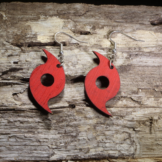 Hand-painted wooden hurricane symbol dangle earrings featuring a bold red tropical cyclone design on hypoallergenic .925 sterling silver hooks. Lightweight weather-inspired jewelry for storm chasers, meteorologists, hurricane enthusiasts, and unique science-themed accessories.