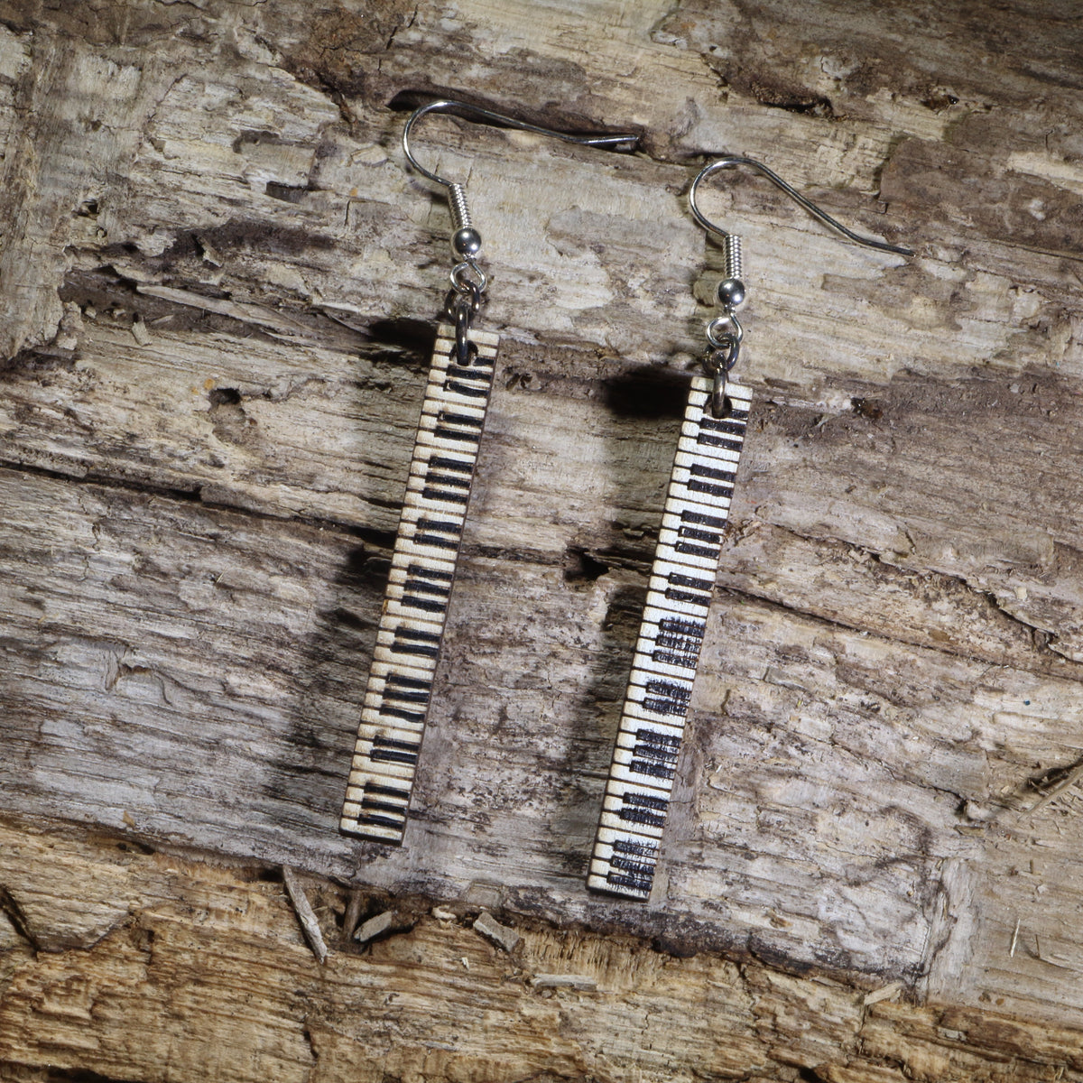 Straight piano keyboard wooden dangle earrings, hand-painted black and white keys