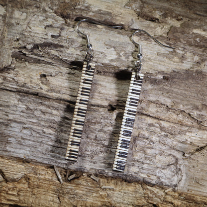 Straight piano keyboard wooden dangle earrings, hand-painted black and white keys