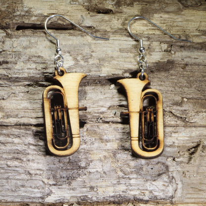 Hand-painted wooden tuba dangle earrings featuring detailed concert tubas with engraved brass instrument accents on hypoallergenic .925 sterling silver hooks. Lightweight music jewelry for tuba players, band directors, marching band members, orchestra musicians, music teachers, and brass instrument enthusiasts.