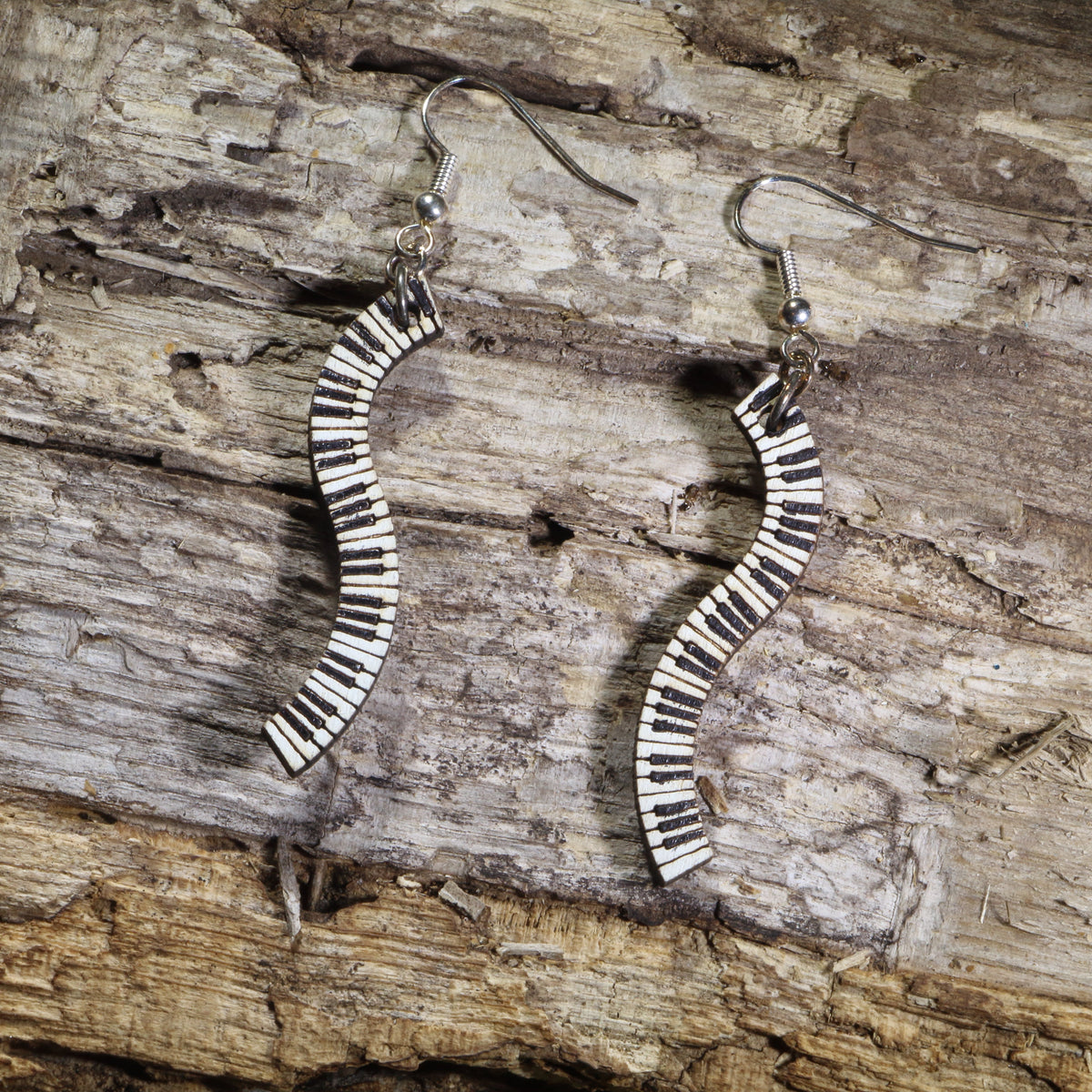 Wavy piano keyboard wooden dangle earrings, hand-painted black and white keys