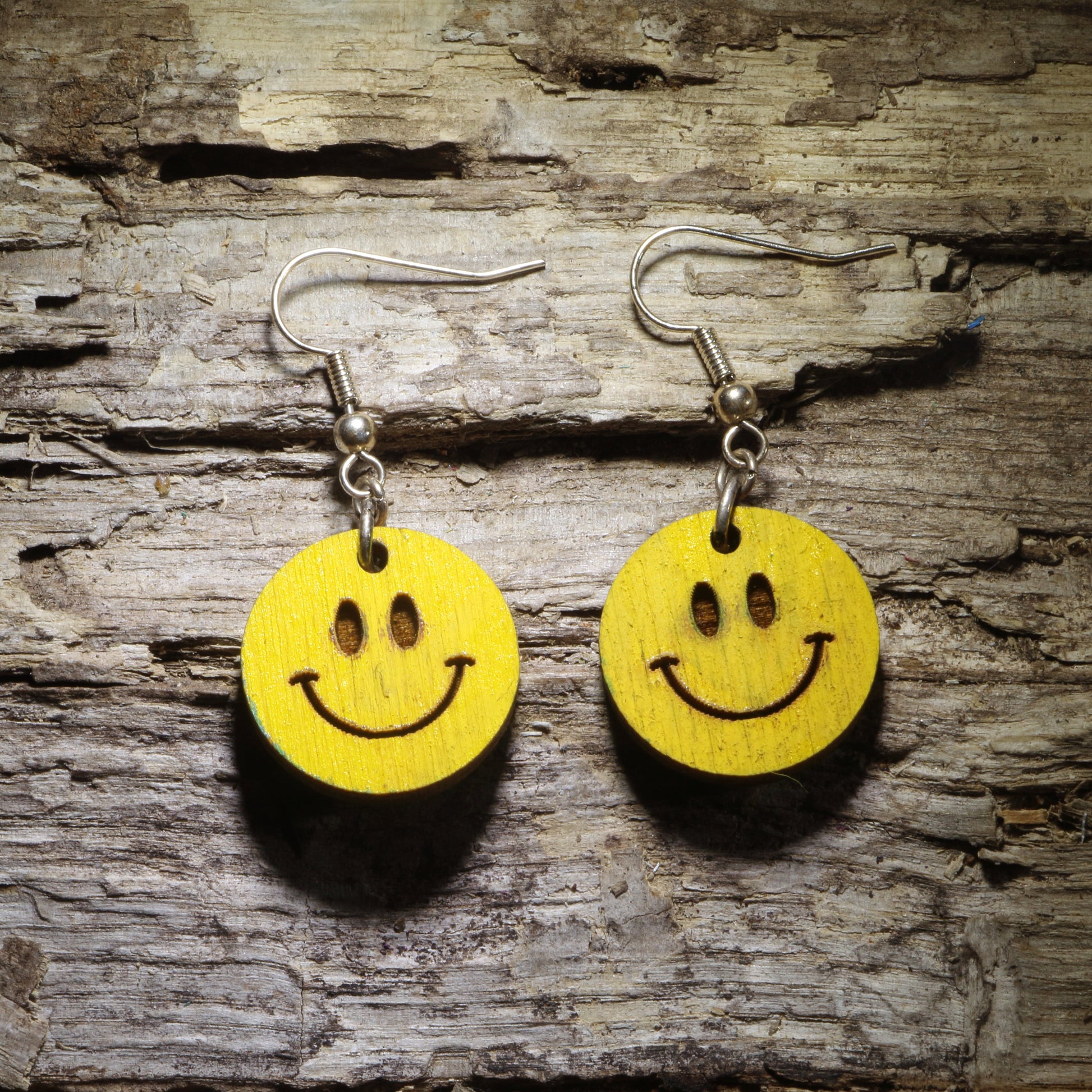 Hand-painted yellow smiley face wooden dangle earrings with classic happy face design, lightweight retro jewelry for smiley face lovers
