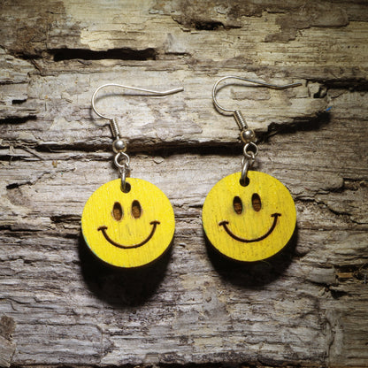 Hand-painted yellow smiley face wooden dangle earrings with classic happy face design, lightweight retro jewelry for smiley face lovers