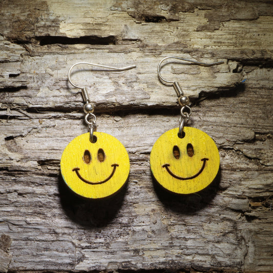 Hand-painted yellow smiley face wooden dangle earrings with classic happy face design, lightweight retro jewelry for smiley face lovers