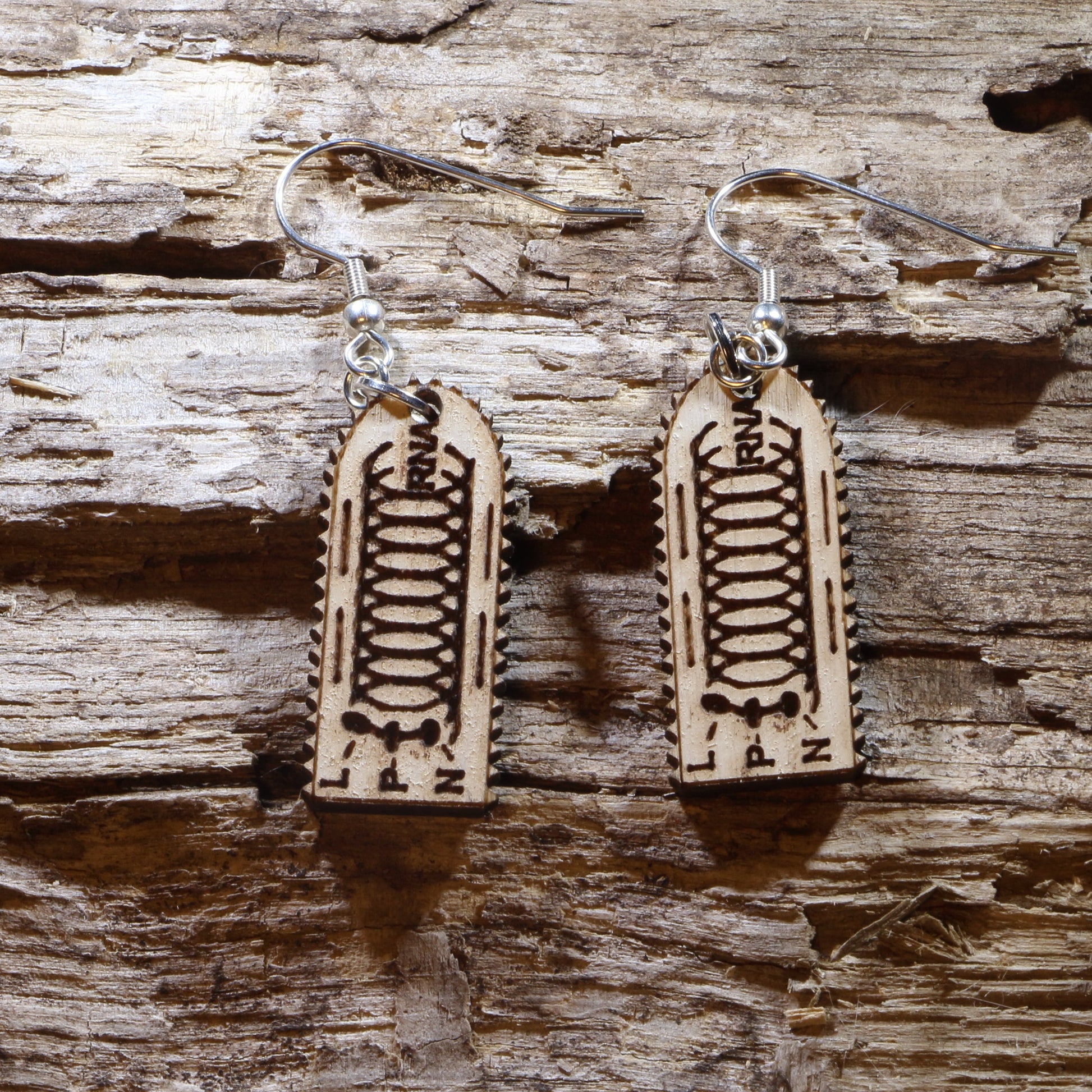 Handcrafted wooden rabies vaccine dangle earrings inspired by a vintage rabies vaccine vial or medical ampoule illustration. These lightweight, laser-cut wooden earrings feature engraved scientific details and are finished with hypoallergenic .925 sterling silver hooks. A unique accessory for veterinarians, medical professionals, microbiologists, laboratory workers, public health advocates, and anyone with an appreciation for unusual science-themed jewelry.

