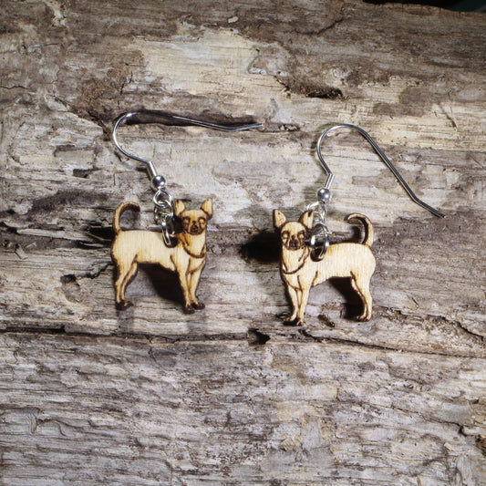 Handmade Chihuahua wooden dangle earrings featuring adorable hand-painted Chihuahua dogs with detailed facial features. Lightweight dog lover earrings crafted from wood with hypoallergenic .925 sterling silver hooks, perfect for Chihuahua owners, pet parents, dog lovers, toy breed enthusiasts, and unique handmade animal jewelry.
