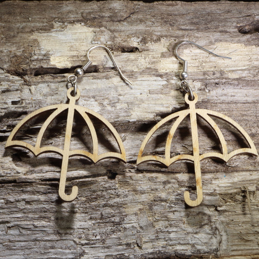 Handmade wooden umbrella dangle earrings featuring an open umbrella silhouette on hypoallergenic .925 sterling silver hooks. Lightweight weather-inspired jewelry for rainy day lovers, spring fashion, umbrella collectors, and unique everyday accessories.