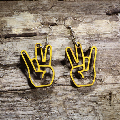 Handmade yellow shocker hand wooden dangle earrings featuring the iconic novelty hand gesture in a bold laser-cut design. Lightweight funny statement earrings crafted from wood with hypoallergenic .925 sterling silver hooks, perfect for adult humor lovers, gag gifts, novelty jewelry fans, bachelor and bachelorette parties, and playful conversation starters.