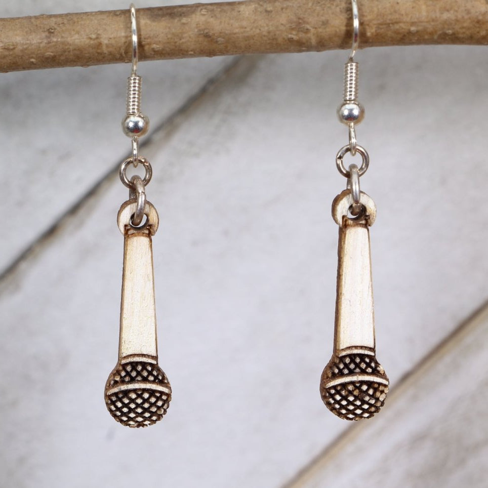 Hand-painted wooden hanging microphone dangle earrings featuring a vintage-style mic design with detailed grille and cord and hypoallergenic sterling silver hooks, lightweight jewelry for singers and music lovers by Cate’s Concepts
