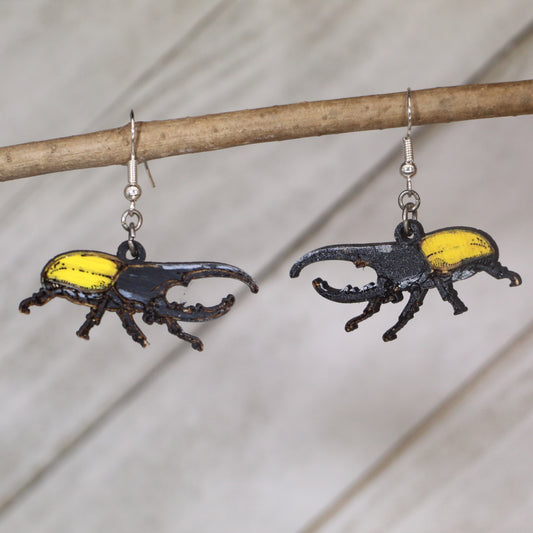 Hercules Beetle Wooden Dangle Earrings | Realistic Insect Jewelry