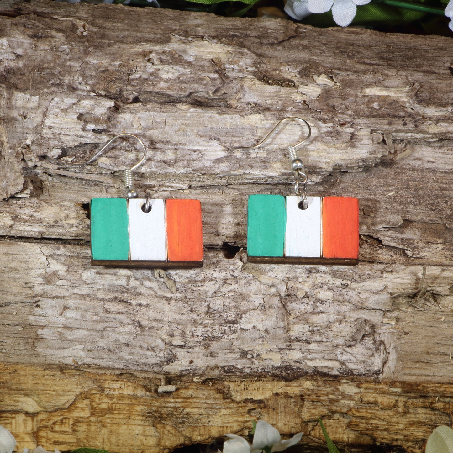 Hand-painted wooden Irish flag dangle earrings featuring the green, white, and orange tricolor design, hypoallergenic sterling silver hooks, and lightweight Irish pride jewelry for St. Patrick’s Day celebrations and Irish heritage by Cate's Concepts.
