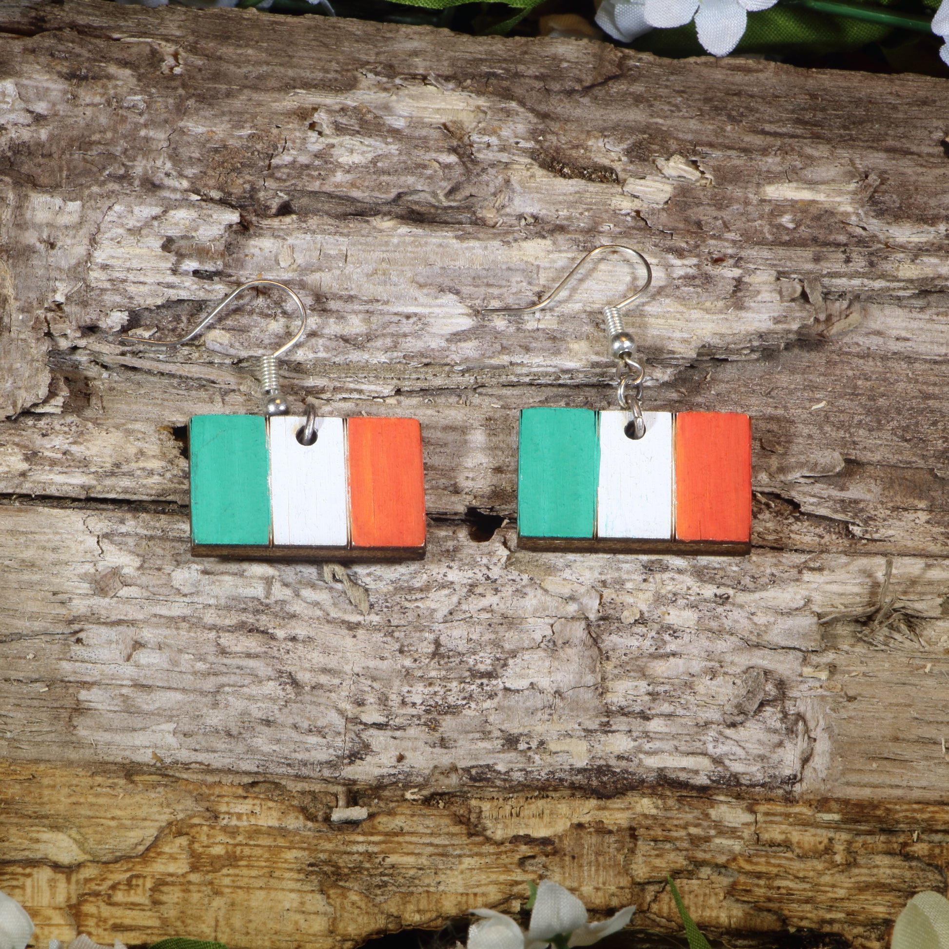 Hand-painted wooden Irish flag dangle earrings featuring the green, white, and orange tricolor design, hypoallergenic sterling silver hooks, and lightweight Irish pride jewelry for St. Patrick’s Day celebrations and Irish heritage by Cate's Concepts.