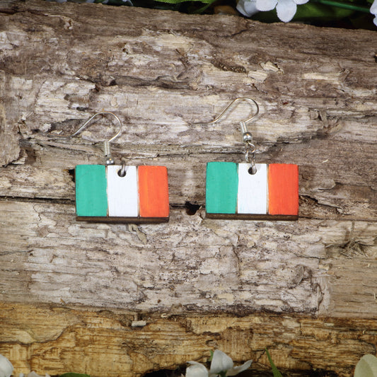 Hand-painted wooden Irish flag dangle earrings featuring the green, white, and orange tricolor design, hypoallergenic sterling silver hooks, and lightweight Irish pride jewelry for St. Patrick’s Day celebrations and Irish heritage by Cate's Concepts.