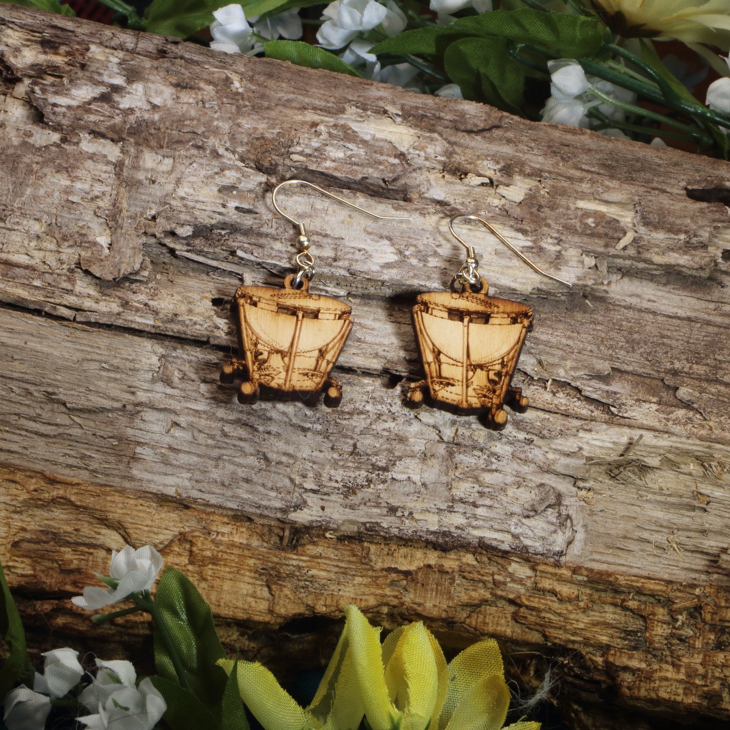 Hand-painted wooden kettle drum dangle earrings featuring detailed timpani percussion instrument artwork, hypoallergenic sterling silver hooks, and lightweight musician jewelry for band directors, percussionists, orchestra members, and music lovers by Cate’s Concepts.