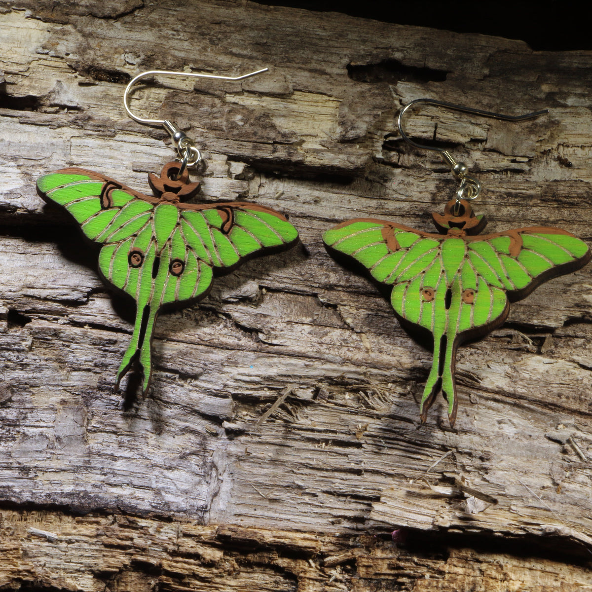 Green Luna Moth hand-painted wooden dangle earrings
