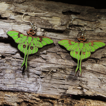 Green Luna Moth hand-painted wooden dangle earrings
