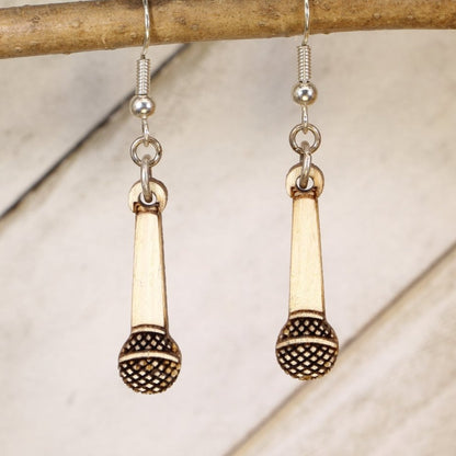 Hand-painted wooden microphone dangle earrings with singer music design and hypoallergenic sterling silver hooks, performance statement jewelry for vocalists, musicians, and music lovers