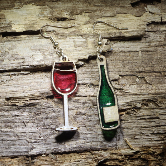 Mismatched wine bottle and wine glass wooden dangle earrings with green and red resin accents, wine lover jewelry for sommeliers and vineyard enthusiasts with green and red resin accents, wine lover jewelry for sommeliers and vineyard enthusiasts