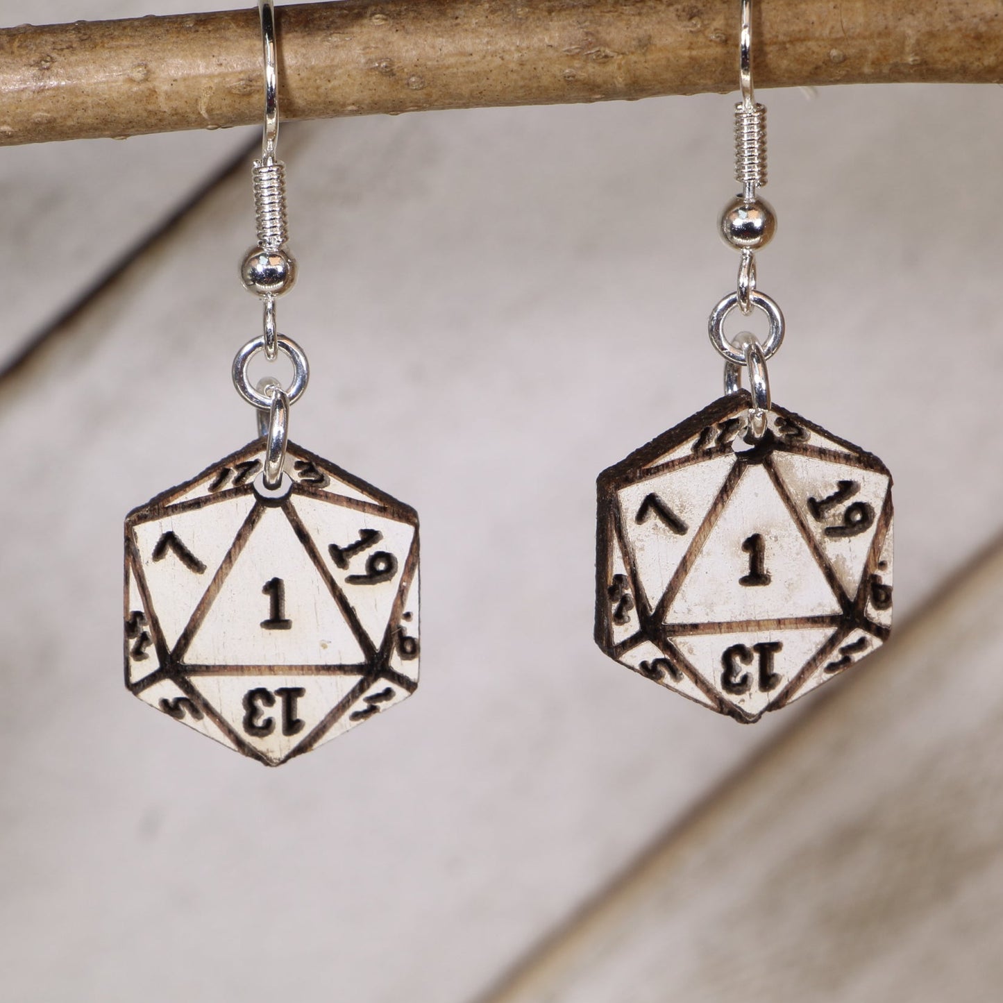 Hand-painted Natural 1 D20 wooden dangle earrings, lightweight hypoallergenic DnD dice gaming jewelry for tabletop RPG fans, critical fail humor, and geeky statement style