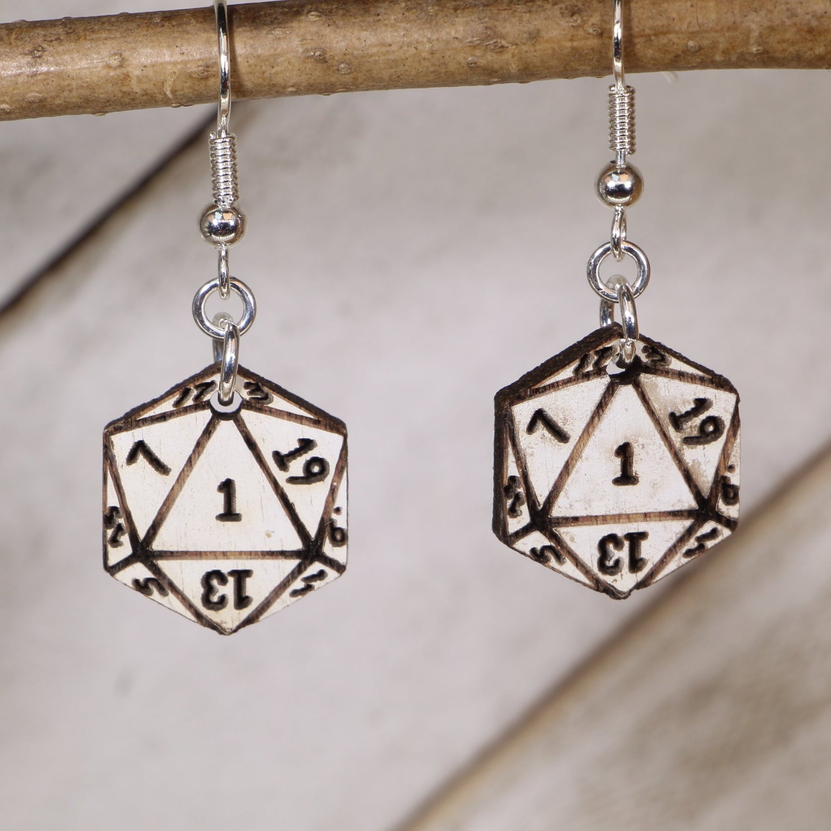 Hand-painted Natural 1 D20 wooden dangle earrings, lightweight hypoallergenic DnD dice gaming jewelry for tabletop RPG fans, critical fail humor, and geeky statement style