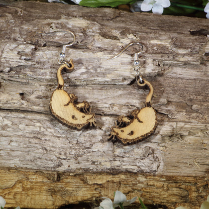 Hand-painted wooden opossum dangle earrings featuring adorable curled-tail opossum designs, hypoallergenic sterling silver hooks, and lightweight woodland animal jewelry for wildlife lovers, nature enthusiasts, and marsupial fans by Cate's Concepts.