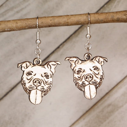 Hand-painted wooden pitbull dangle earrings with detailed dog lover design and hypoallergenic sterling silver hooks, lightweight pitbull statement jewelry earrings for pet lovers and rescue advocates 