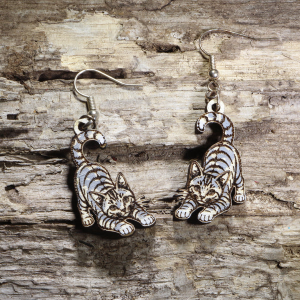 Playful Gray Tabby Cat Wooden Dangle Earrings | Cat Lover Jewelry