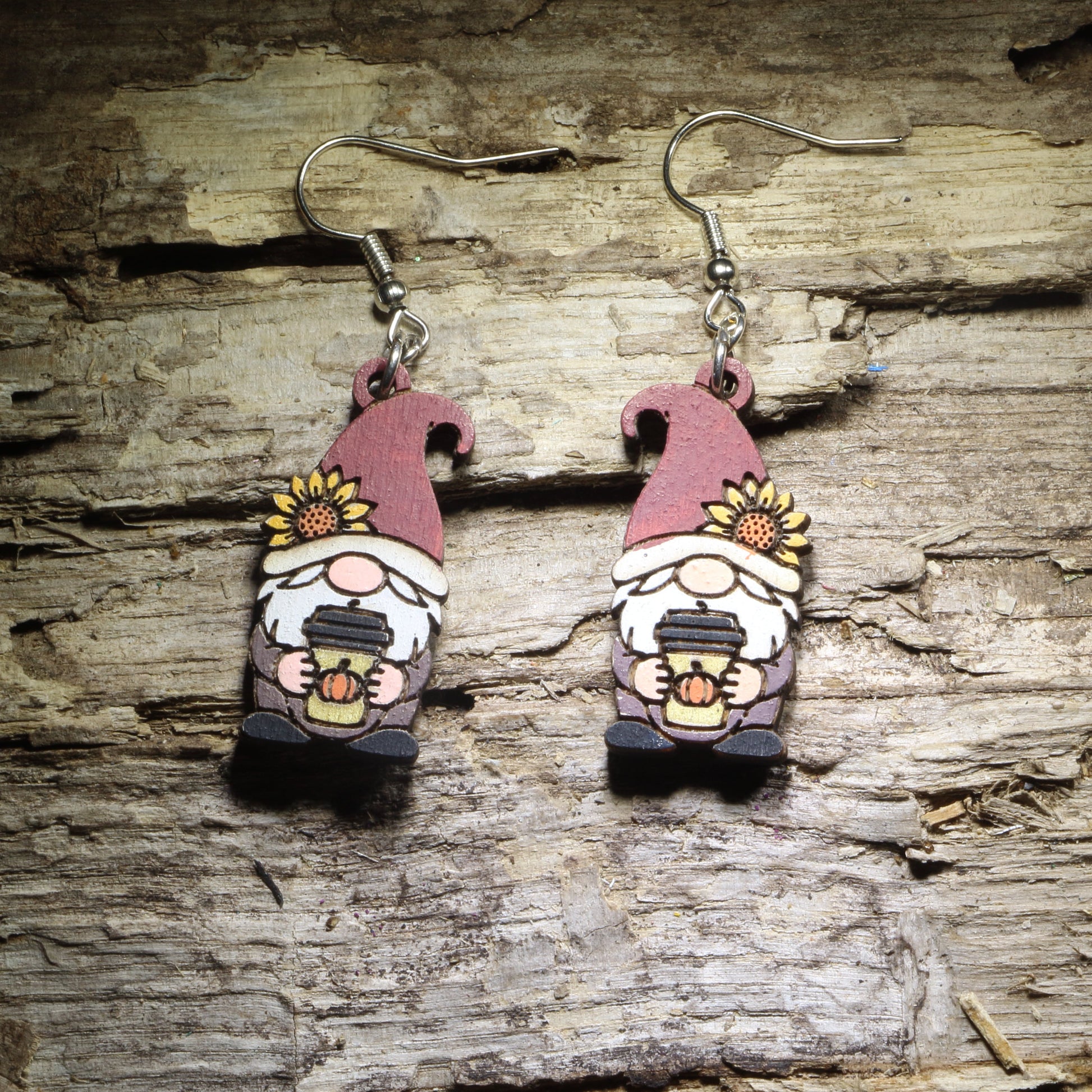 Hand-painted pumpkin spice fall gnome wooden dangle earrings featuring an autumn gnome with coffee-inspired details, lightweight seasonal jewelry for fall, pumpkin spice, and coffee lovers