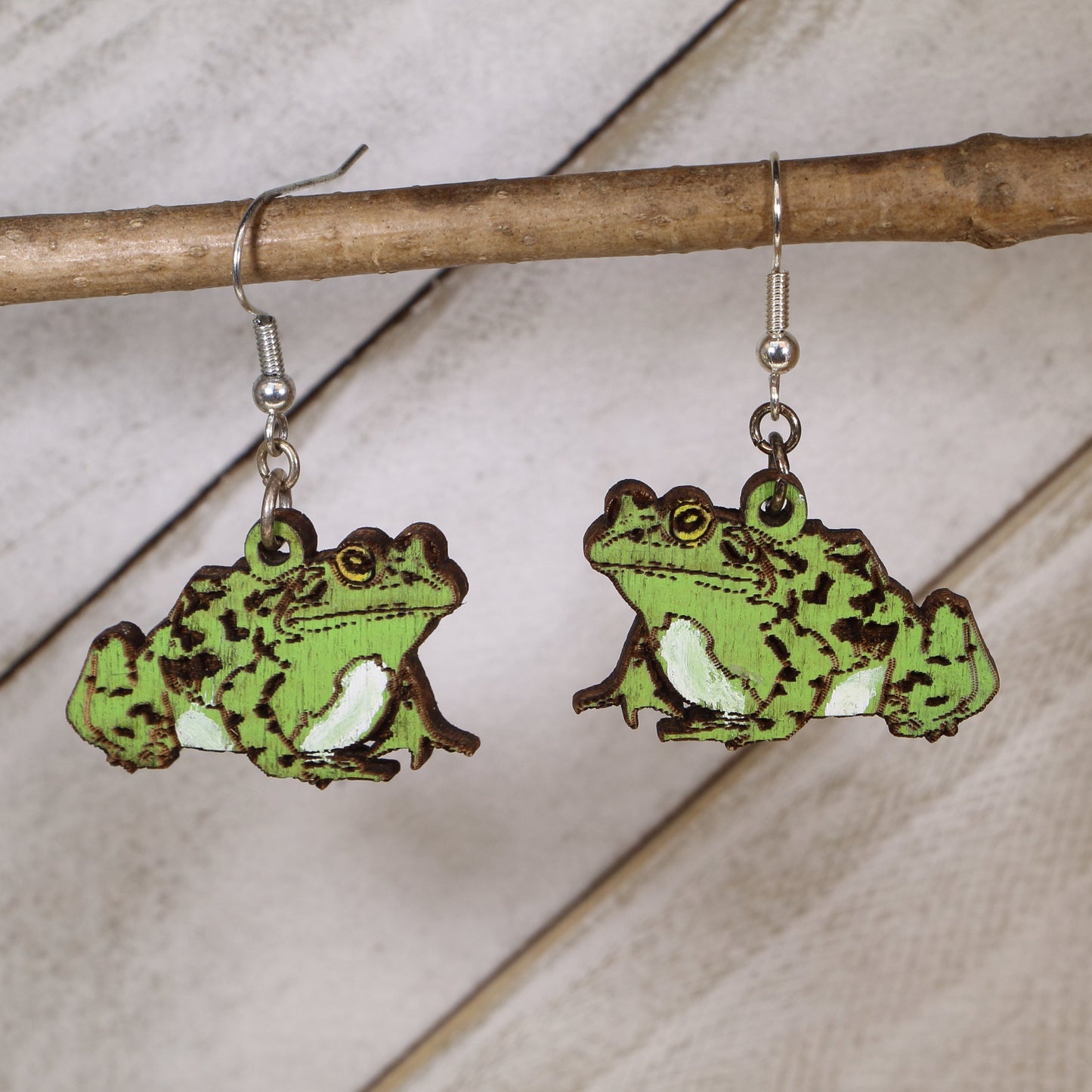 Hand-painted realistic toad wooden dangle earrings, lightweight hypoallergenic amphibian jewelry for nature lovers, frog fans, and quirky animal statement style