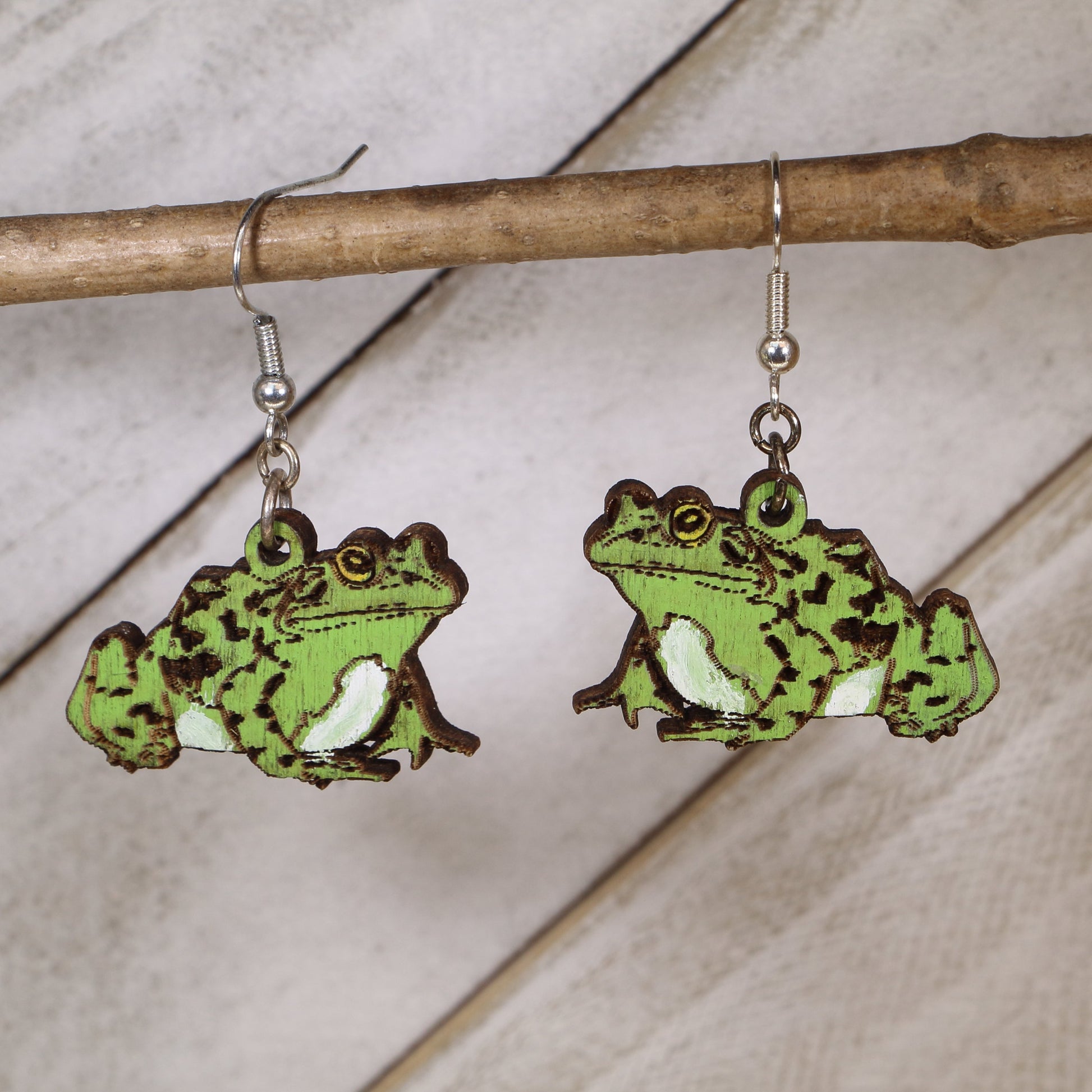 Hand-painted realistic toad wooden dangle earrings, lightweight hypoallergenic amphibian jewelry for nature lovers, frog fans, and quirky animal statement style