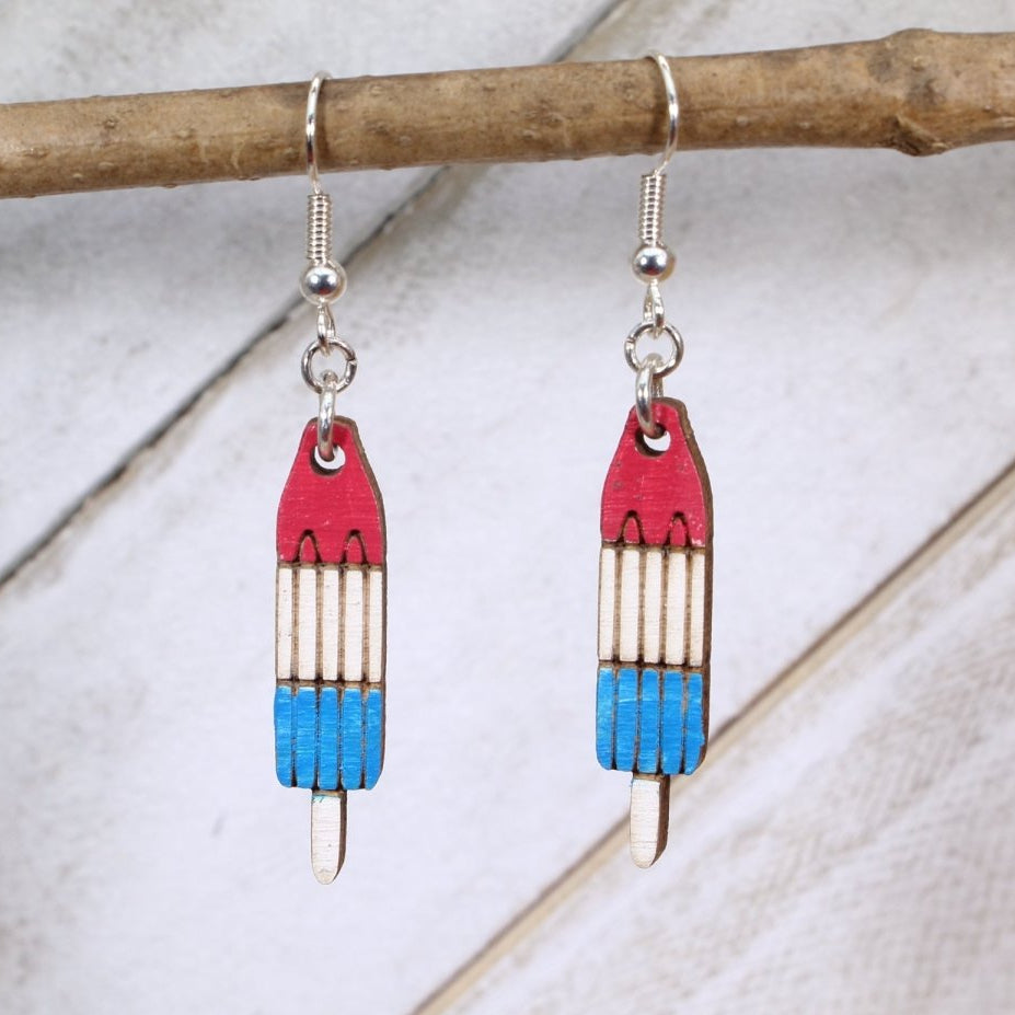 Hand-painted wooden red white blue popsicle dangle earrings with patriotic summer design and hypoallergenic sterling silver hooks, festive Americana holiday jewelry earrings