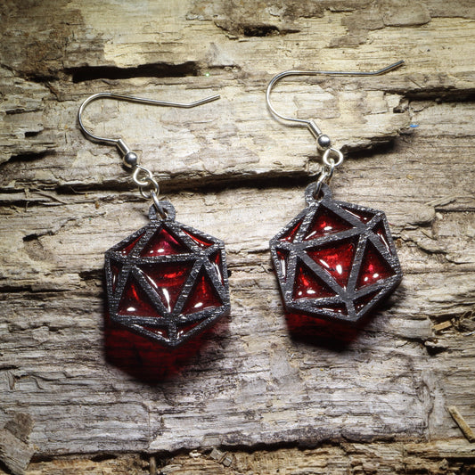 Red resin D20 dice wooden dangle earrings with black geometric frames, tabletop gaming jewelry for Dungeons & Dragons and RPG fans