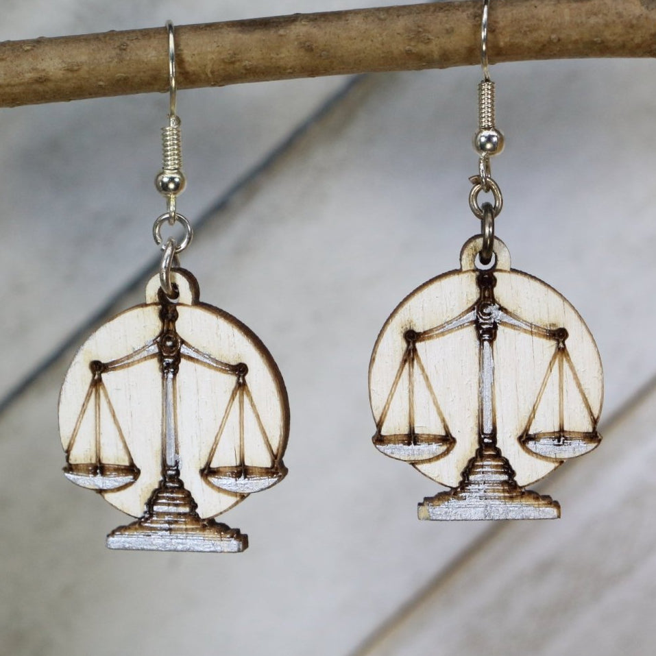 Hand-painted wooden scales of justice dangle earrings with legal symbol design and hypoallergenic sterling silver hooks, lawyer courtroom statement jewelry for attorneys and law students