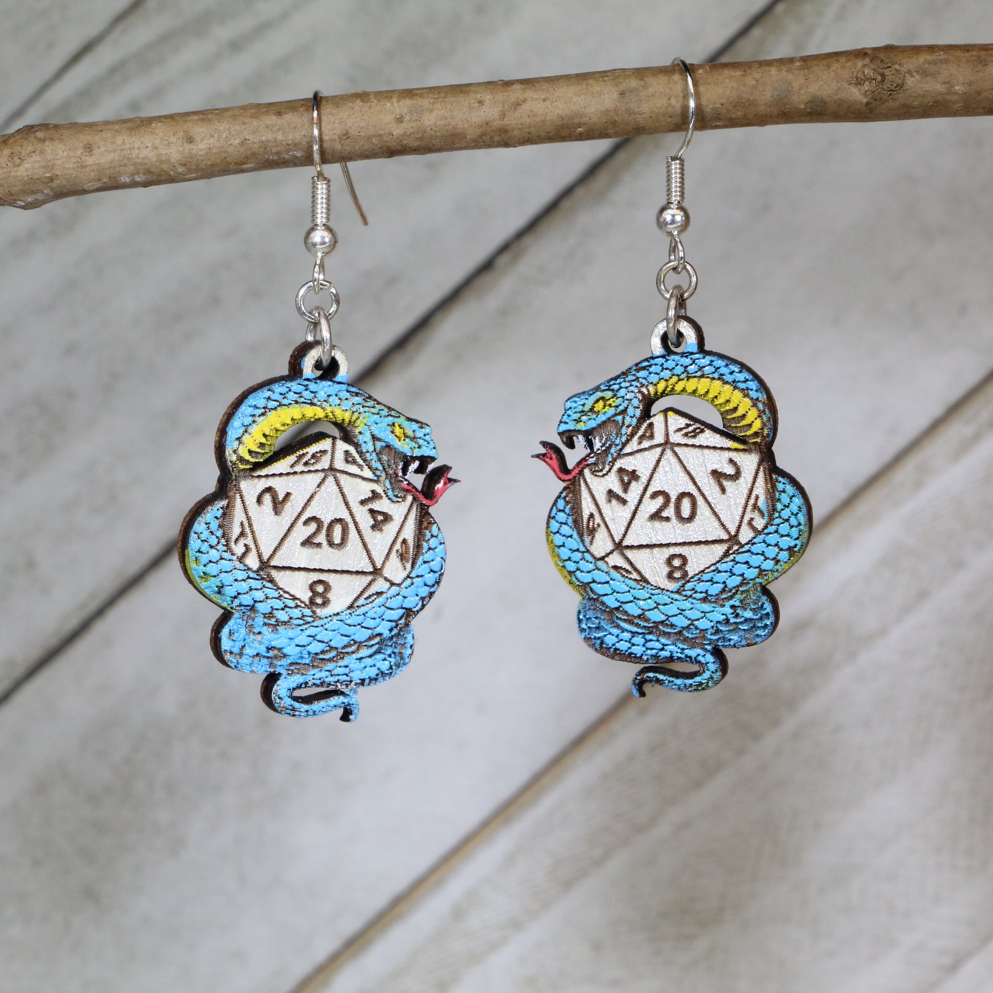 Hand-painted Snake D20 wooden dangle earrings with coiled serpent design, lightweight hypoallergenic fantasy jewelry for D&D players, tabletop gamers, and geek culture fans