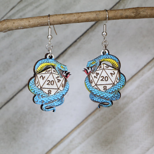 Hand-painted Snake D20 wooden dangle earrings with coiled serpent design, lightweight hypoallergenic fantasy jewelry for D&D players, tabletop gamers, and geek culture fans