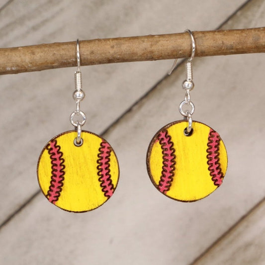 Hand-painted wooden softball dangle earrings with classic sports design and hypoallergenic sterling silver hooks, lightweight softball statement jewelry earrings for players, fans, and softball moms