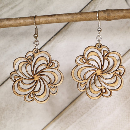 Hand-painted wooden swirl flower dangle earrings with boho floral cutout design and hypoallergenic sterling silver hooks, lightweight flower statement jewelry earrings for botanical and bohemian style